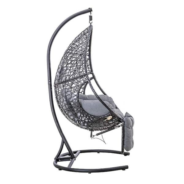 Unbranded 1-Person Wicker Porch Swing Egg Chair with Stand and Gray Cushion