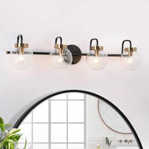 Astrid Modern 31 in. 4-Light Black Vanity Light Brass Wall Sconce with Textured Globe Glass Shades for Bathroom