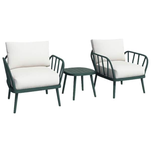 3-Piece Green Aluminum Outdoor Patio Conversation Seating Set with White Cushions, Weather and Rust Resistant, Seats 2