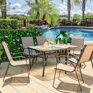 7-Piece Metal Outdoor Dining Set 6 Stackable Chairs Glass Table Umbrella Hole Yard