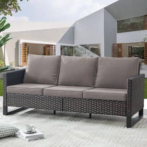 U-Shaped Foot Series 3-Seat Wicker Outdoor Patio Sofa Couch with Deep Seating and Cushions (Brown/Gray)