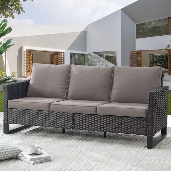 Pocassy U-Shaped Foot Series 3-Seat Wicker Outdoor Patio Sofa Couch with Deep Seating and Cushions (Brown/Gray)
