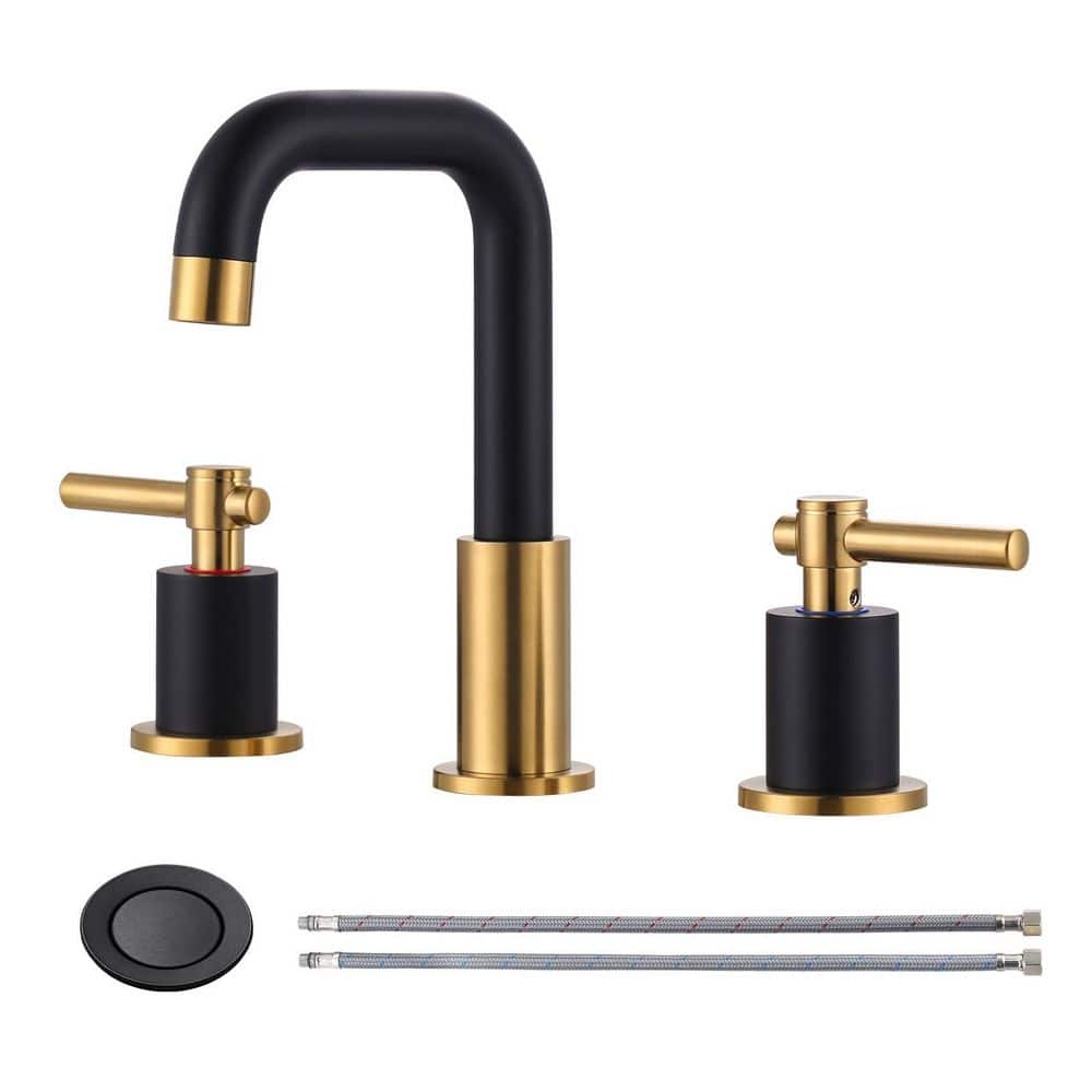 Deck Mount 8 in. Widespread Double Handle High Arc Bathroom Sink Faucet with Pop Up Drain in Black and Gold (1-Pack) price history on PriceWatchPro