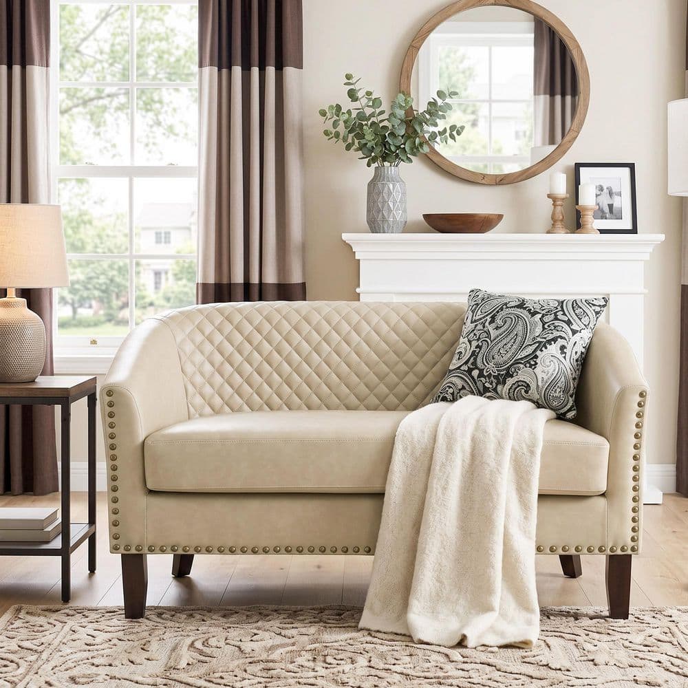 49.8 in. Sloped Arm Faux Leather Rectangle 2-Seater Nailed Trim Barrel Sofa in Beige(Set of 1) price history on PriceWatchPro