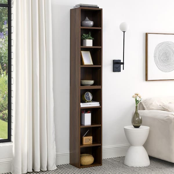 8-Shelf Walnut Media Storage Tower, Adjustable MDF Bookcase for CDs and DVDs and Books