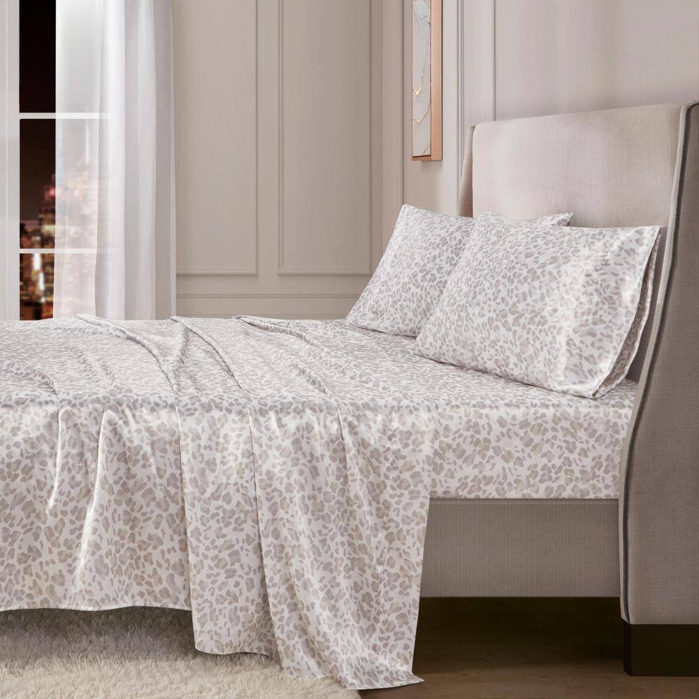 Queen Taupe Leopard Print Satin Sheet Set