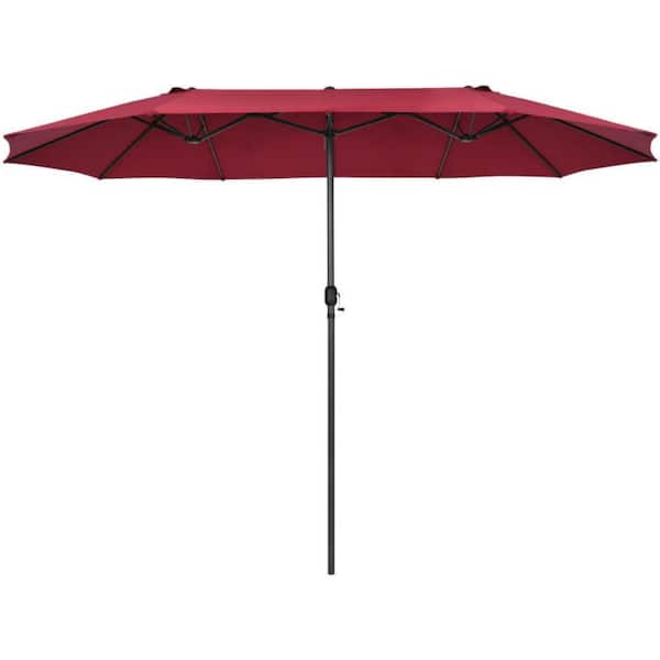 15 ft. Iron Market Double-Sided Twin Patio Umbrella with Hand-Crank System in Dark Red