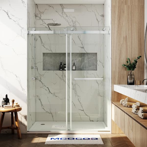 MCOCOD 56-61 in. W x 72 in. H Double Sliding Frameless Smooth Sliding Shower Door in Brushed Nickel with 3/8 in. Clear Glass