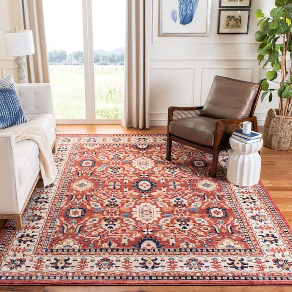 Charleston Red/Ivory 8 ft. x 10 ft. Floral Border Area Rug