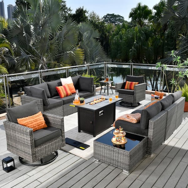 HOOOWOOO Messi Gray 11-Piece Wicker Outdoor Patio Conversation Sectional Sofa Fire Pit Set with Swivel Chairs and Black Cushions