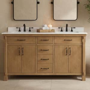 Bellington 60 in. Double Sink Freestanding Almond Toffee Bath Vanity with White Engineered Stone Top (Assembled)
