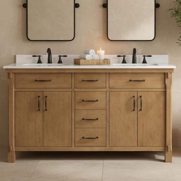 Bellington 60 in. Double Sink Almond Toffee Bath Vanity with White Engineered Stone Top (Assembled)