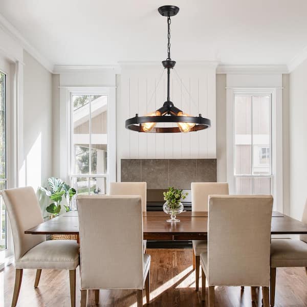 4-Light Black Circle Wagon Wheel Chandelier Sputnik Linear Chandelier Lighting for Dining Room Kitchen Island
