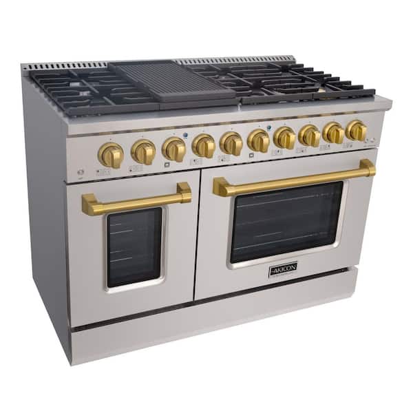 48 in. 6.7 cu. ft. Freestanding Double Oven Gas Range with 8-Burner, Griddle, in Stainless Steel with Gold