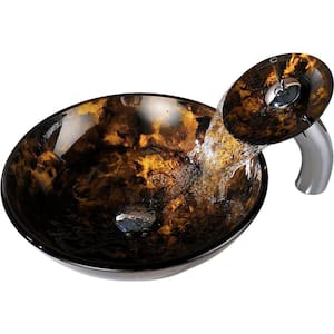 Timbre Series Round Deco-Glass Vessel Sink in Kindled Amber with Matching Chrome Waterfall Faucet