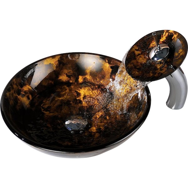 ANZZI Timbre Series 17 in. Round Bathroom Vessel Sink in Kindled Amber Finish Glass with Matching Chrome Waterfall Faucet