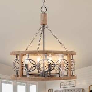 Modern Farmhouse 4-Light Weathered Wood Vintage Drum Chandelier with Adjustable Hanging Chain