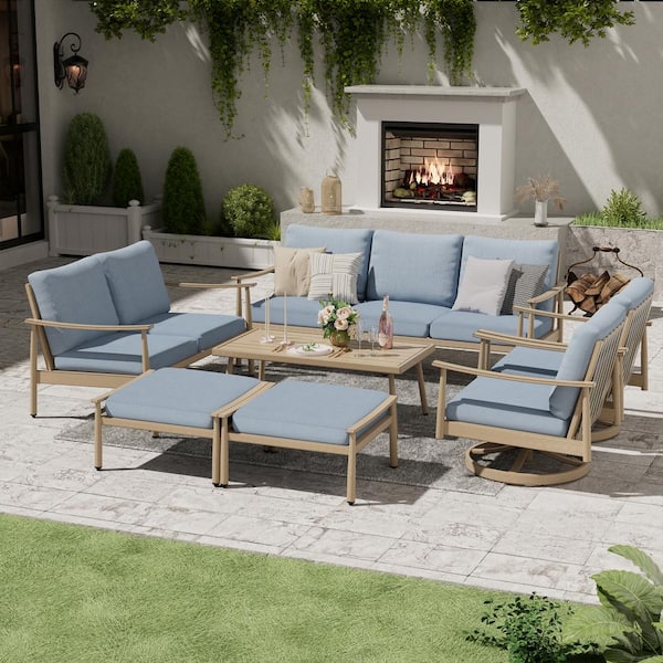 EGEIROSLIFE 7-Piece Aluminum Patio Conversation Set, 3-Seat Outdoor Couch, 2 Swivel Armchairs, Loveseat, Ottomans and Blue Cushions