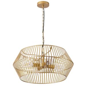 Modern 4-Light Gold Unique Caged Design Chandelier Large Round Pendant Light with Metal Shade
