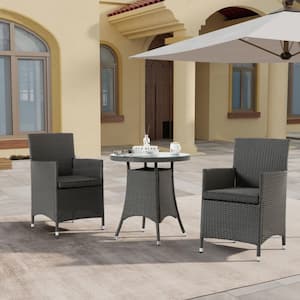 Gray 3-Piece All-Weather Wicker Outdoor Dining Set with Round Tempered Glass Tabletop and Gray Cushions