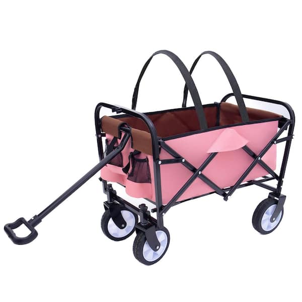 Pink 3 cu. ft. Steel Garden Cart with Strapping System, Collapsible Foldable Wagon Car