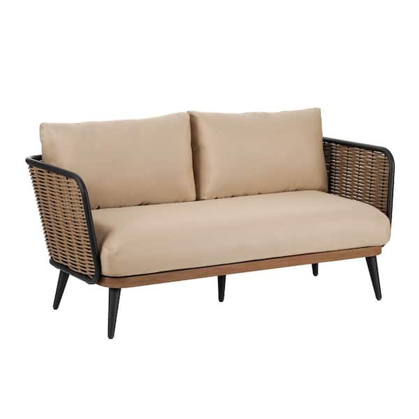 CHRISTOPHER KNIGHT HOME Matthew Teak Brown Faux Rattan Outdoor Patio Loveseat with Beige Cushions, Metal Legs