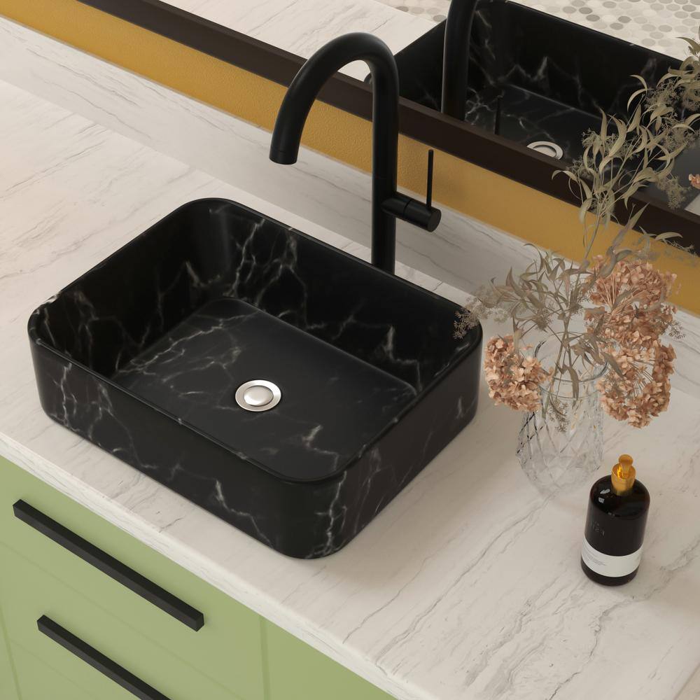 Black and Gray Marble Ceramic Rectangular Vessel Sink