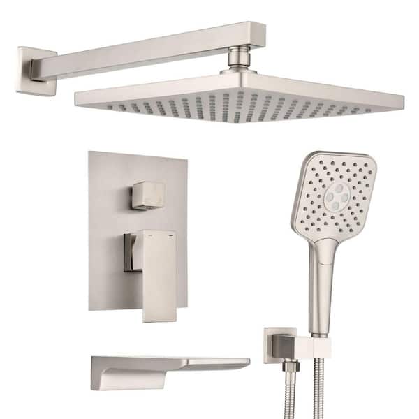 PROOX Single Handle 3-Spray Tub and Shower Faucet 1.8 GPM with Waterfall Bathtub Spout in Brushed Nickel Valve Included