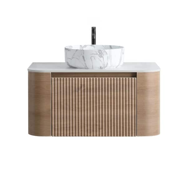 30" Wall-Mounted Bathroom Vanity with Sink, Honey Oak Cabinet, Single Carrara White Ceramic Basin with Towel Rack