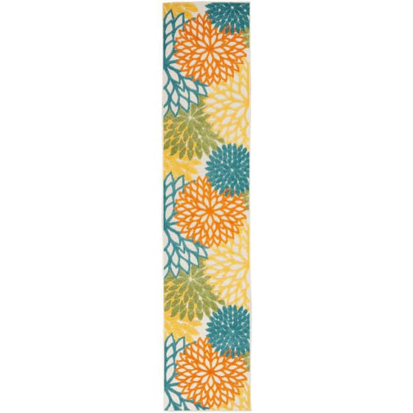 Nourison Aloha Turquoise Multicolor 2 ft. x 12 ft. Kitchen Runner Floral Contemporary Indoor/Outdoor Patio Area Rug