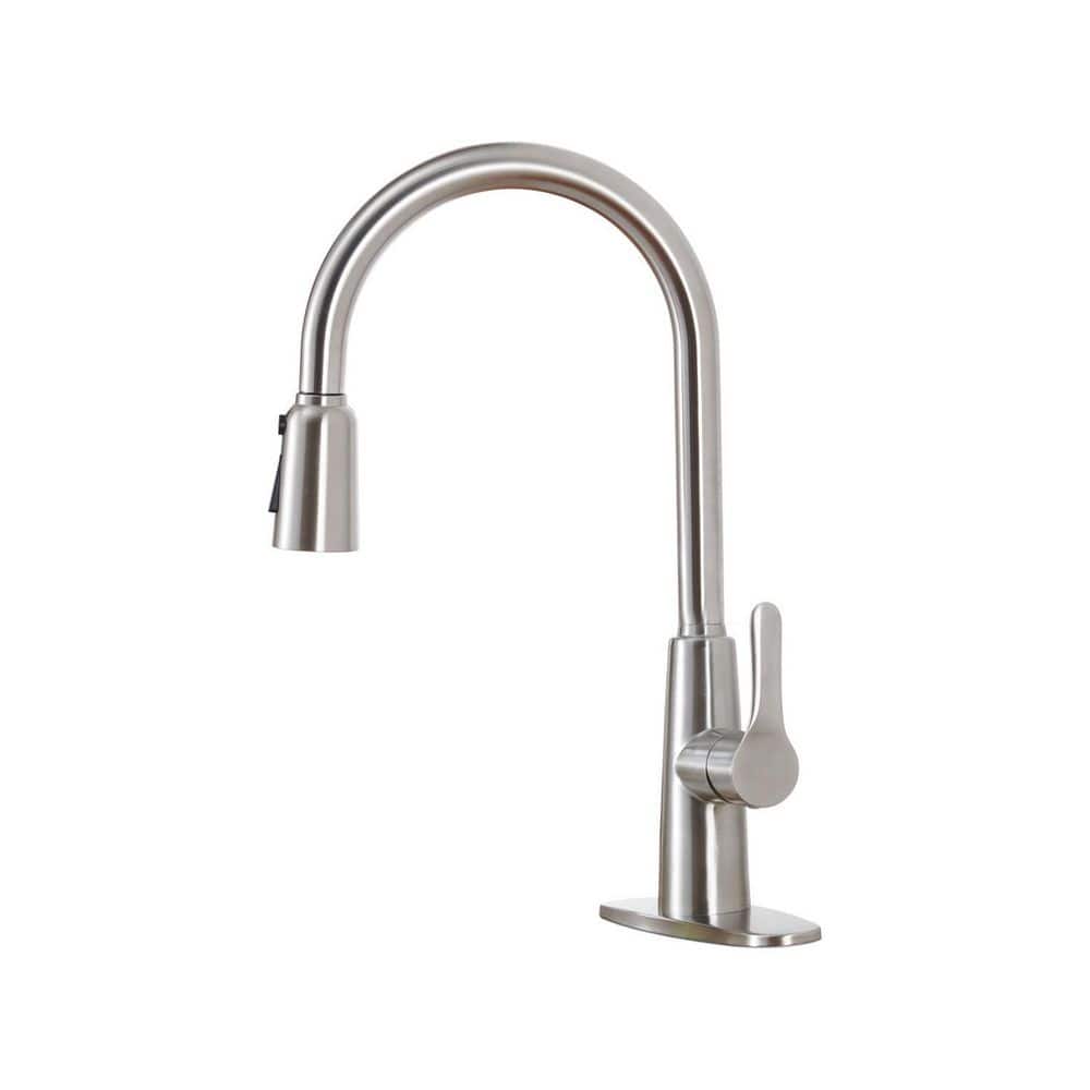 Satico Single-Handle Single-Hole 3-Spray High-Arc Pull-Out Stainless Steel Kitchen Faucet with Deck Plate in Brushed Nickel -  SCKFDR001
