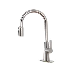 Single-Handle Single-Hole 3-Spray High-Arc Pull-Out Stainless Steel Kitchen Faucet with Deck Plate in Brushed Nickel