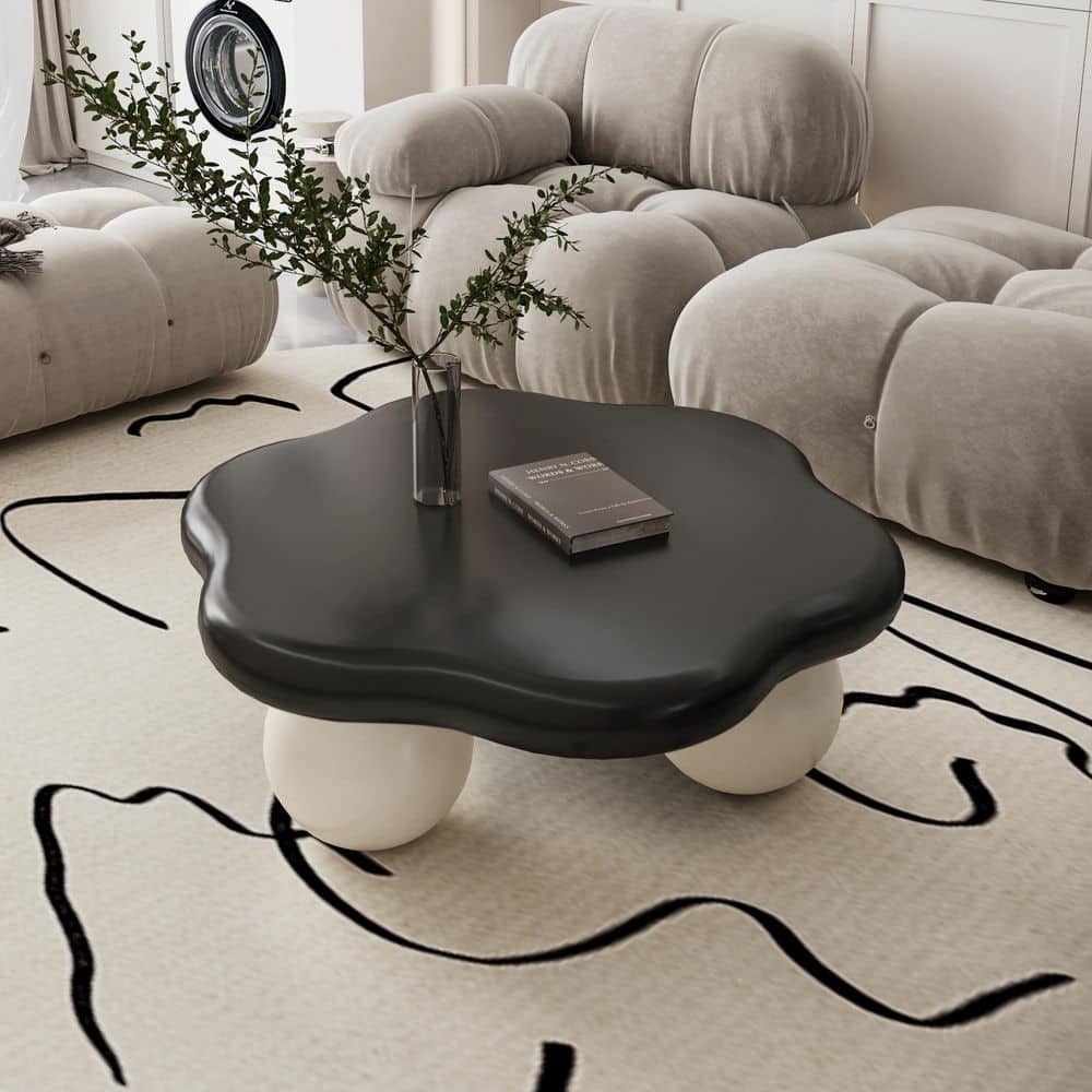 Kieran 35.03 in. Modern Black Specialty Shaped MDF Wood Top Coffee Table with 3-White Ball Legs, Cloud Shaped price history on PriceWatchPro