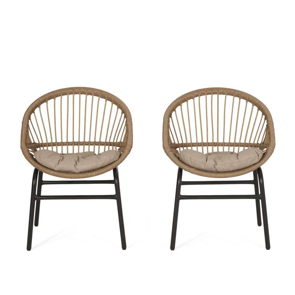 Light Brown and Beige Wicker Outdoor Dining Chairs with Cushions, Set of 2