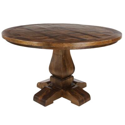 54 in. x 30 in. Brown Large Parquet Wood Round Dining Table with Pedestal Base