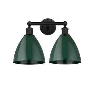 Plymouth Dome 16.5 in. 2 Light Matte Black Vanity Light with Green Metal Shade