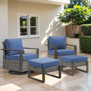 Allcot 4-Piece Gray Patio Swivel Chair with Ottoman Wicker Outdoor Rocking Chair with CushionGuard Blue Cushions