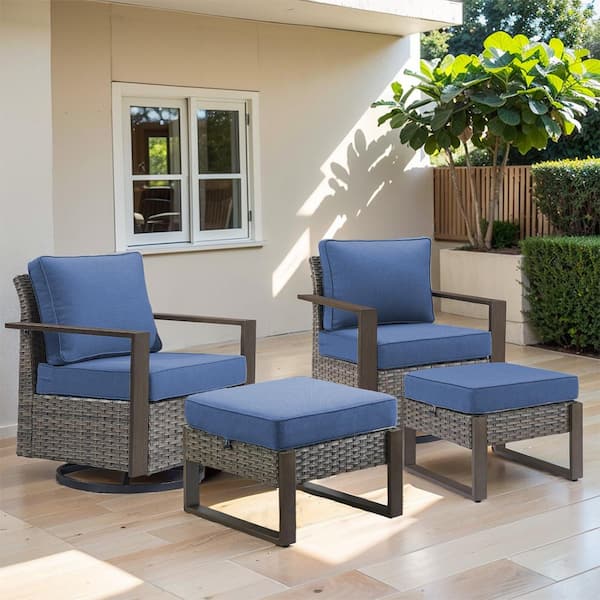 Gymojoy Allcot 4-Piece Gray Patio Swivel Chair with Ottoman Wicker Outdoor Rocking Chair with CushionGuard Blue Cushions