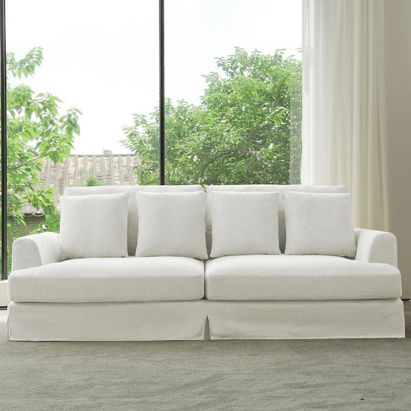 Lesly Lazy Style 102 in. Wide Square Arm Cotton and Linen Fabric Removable Covers Rectangle 2-Seater Sofa in. White