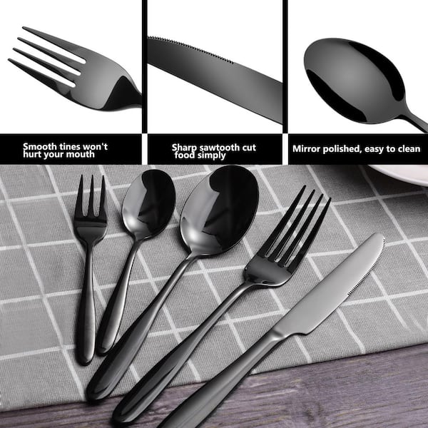 Black Silverware Flatware Set for 4, 20 Piece Kitchen Tableware
