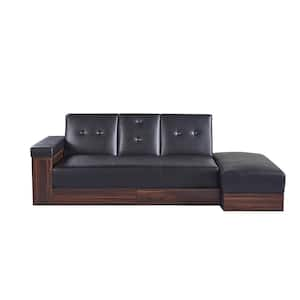 82 in. Square Arm Faux Leather Rectangle with Cup Holder Sofa in Black