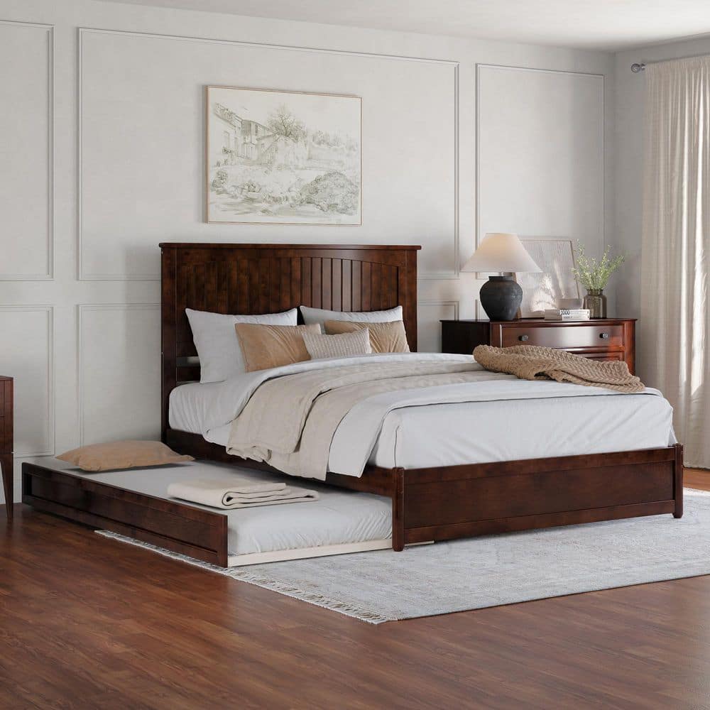 Malta Walnut Brown Solid Wood Frame Queen Platform Bed with Panel Footboard Twin XL Trundle price history on PriceWatchPro