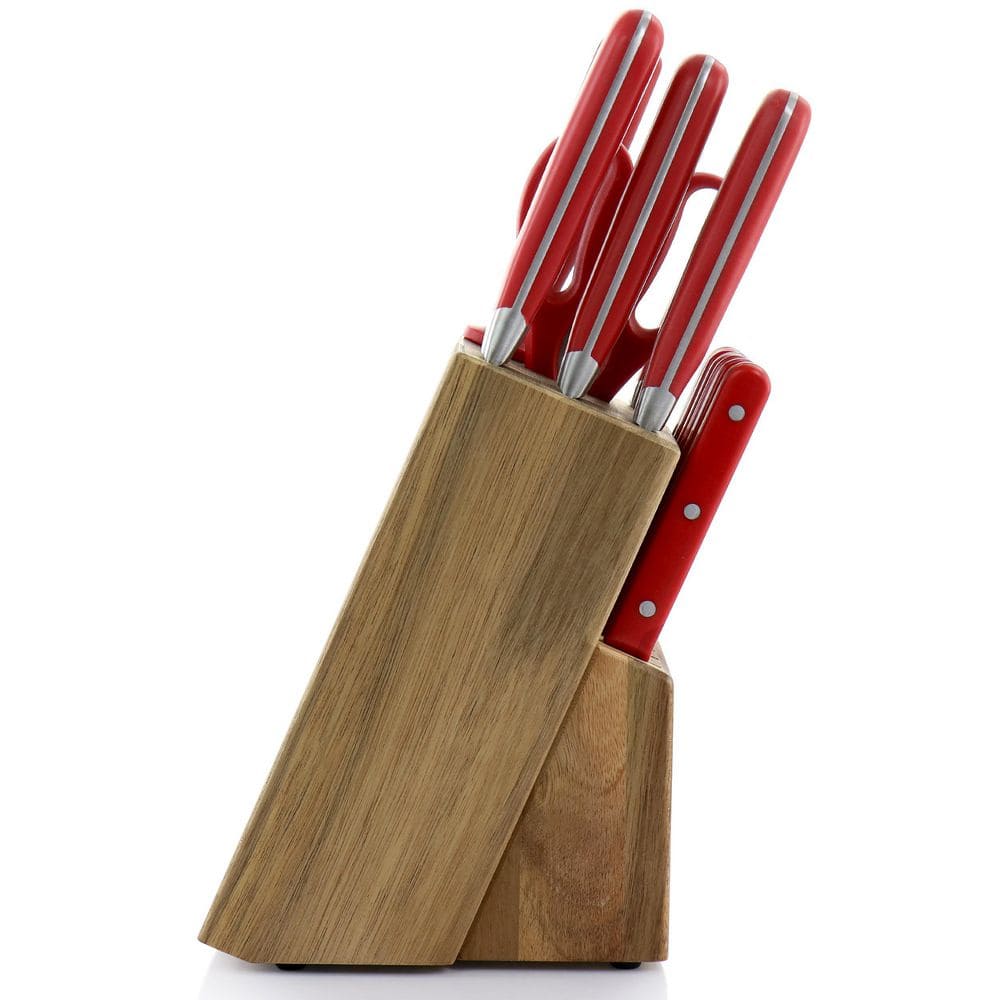 14-Piece Stainless Steel Cutlery Set with Acacia Wood Block, Red
