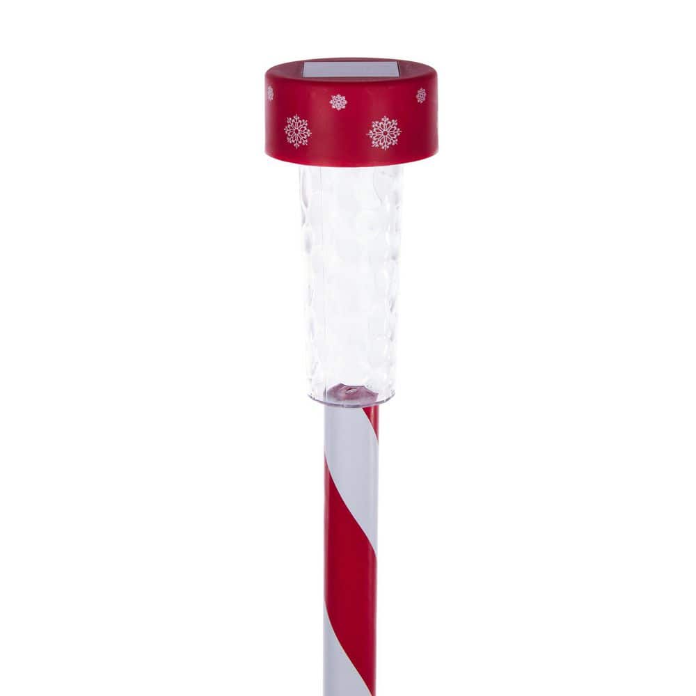 Alpine Corporation 27" Striped Plastic Solar Light-Up Holiday Garden Stakes, Set of 4, Red/White