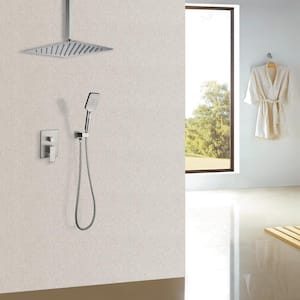 Mondawell Square 3-Spray Patterns 12 in. Ceiling Mount Rain Dual Shower Heads with Handheld and Valve in Brushed Nickel