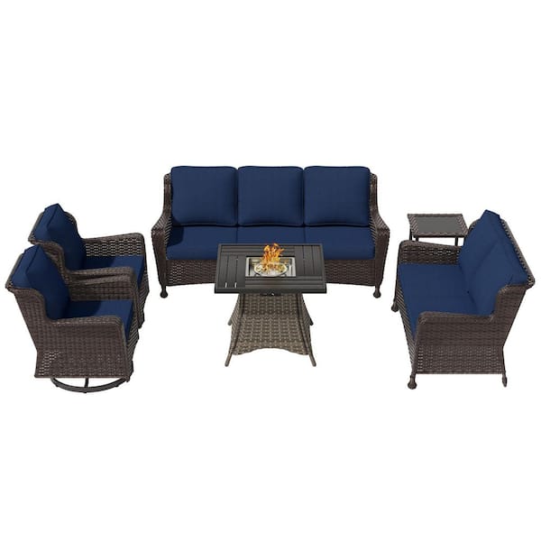 6-Piece Wicker Outdoor Patio Fire Pit Conversation Sofa Set Swivel Rocking Chairs with Blue Cushions