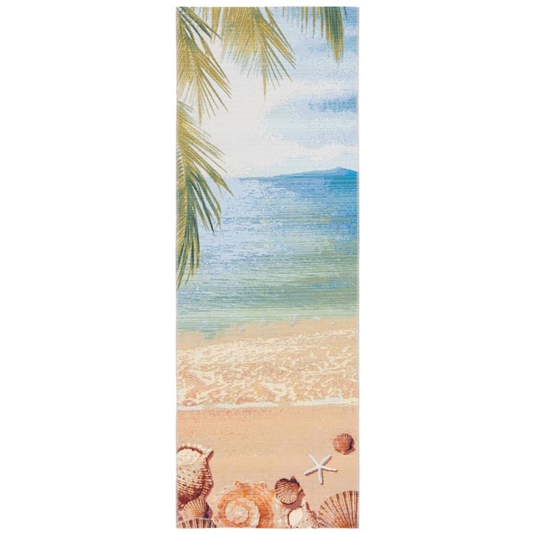 SAFAVIEH Barbados Gold/Blue 3 ft. x 8 ft. Runner Novelty Nautical Indoor/Outdoor Area Rug