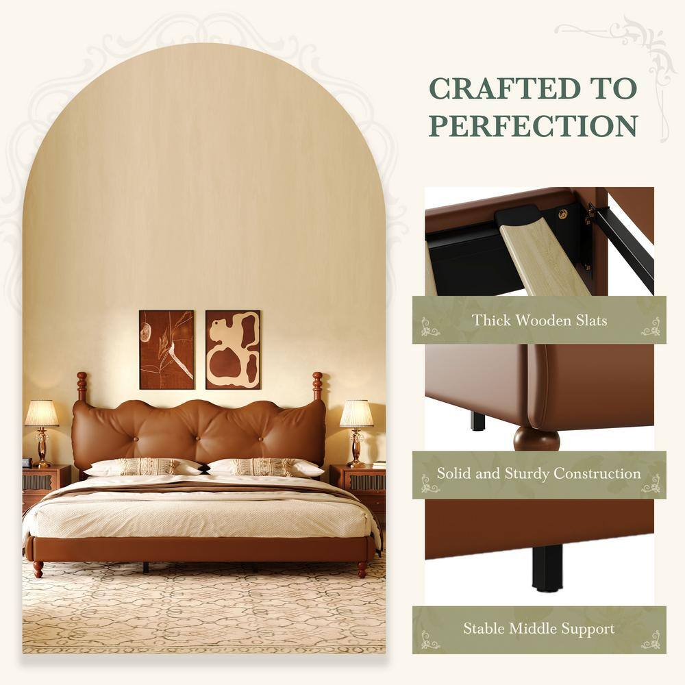 California King Coffee Faux Leather Upholstered Bed with Tufted Headboard