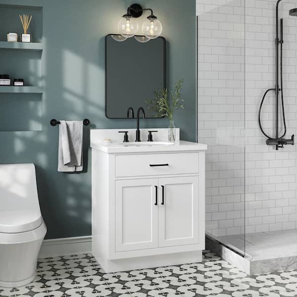 ARIEL Hepburn 30 in. W x 22 in. D x 36 in. H Single Sink Freestanding Bath Vanity in White with Carrara Qt. Top