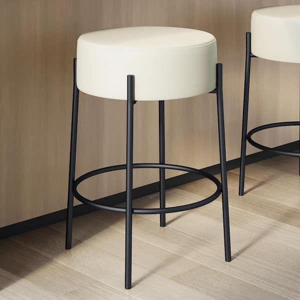 Amisco Clovis 26.75 in. Backless Counter Stool Off White Faux Leather / Black Metal